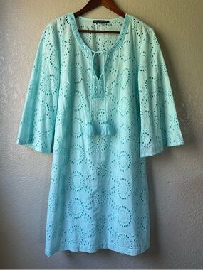 Boston Proper Large Blue Eyelet Embellished Tunic Dress Vacation Resort 2CL8130